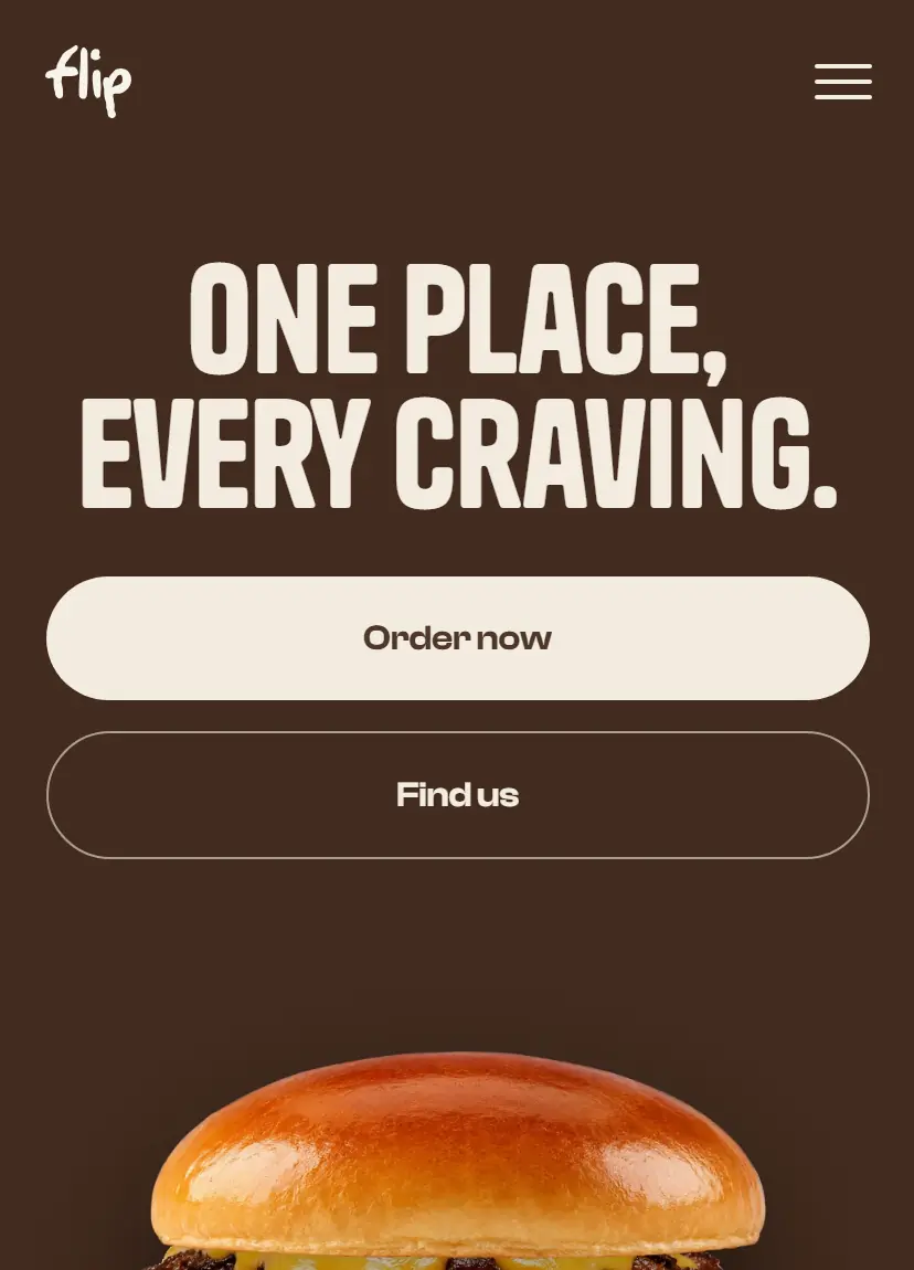The Flip Burgers website’s home page on a phone.
